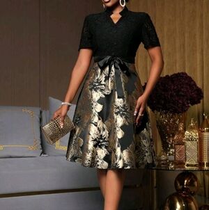 SHEIN Elegant Black and Gold Floral Dress